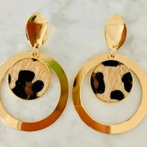 Gold Hoop Leopard fur Accent Earrings